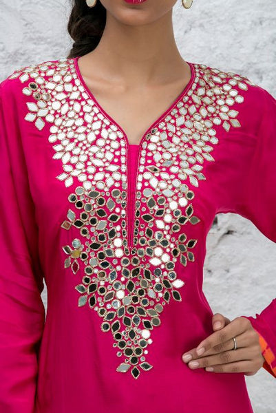 Pink Mirror Work Kurta