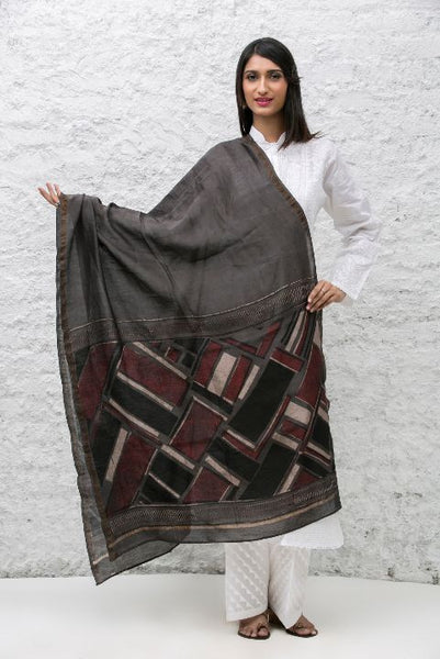 Grey Chanderi Dabu Print Dupatta