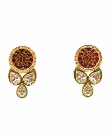 Red Thewa Kundan Pendant with Earrings