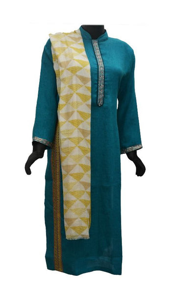 Teal Blue Linen Semi Stitched Kurta Set