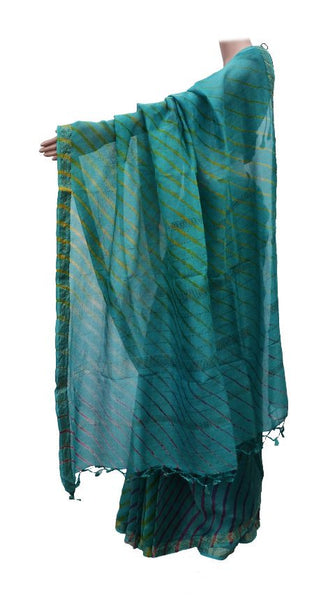 Turquoise Blue Lehariya Chanderi Saree