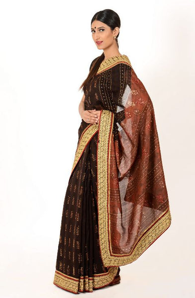 Rust Chanderi Block Printed Saree with Ghicha Border