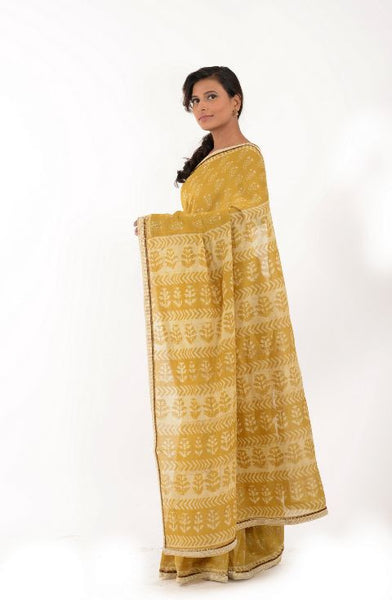 Yellow Block Printed Saree with Delicate Pearl Border