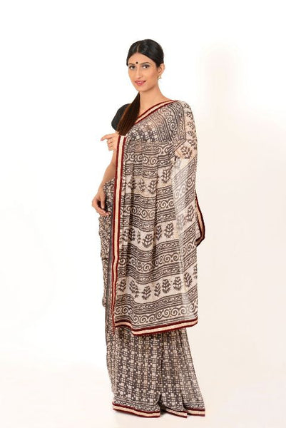 Grey Chiffon Block Printed Saree