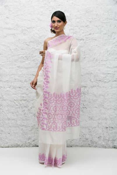 White Pink Net Bengali Saree