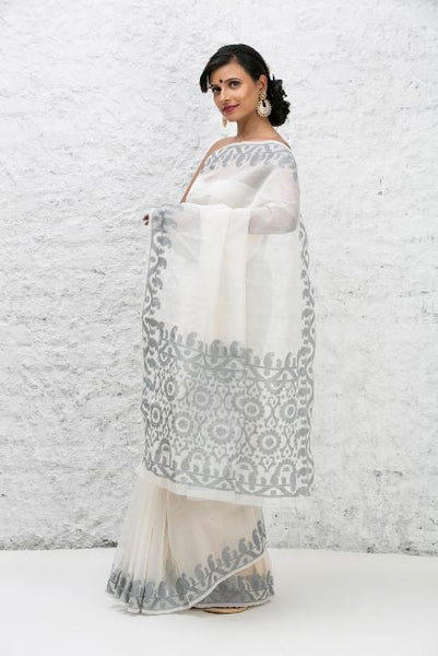 White Grey Net Bengali Saree