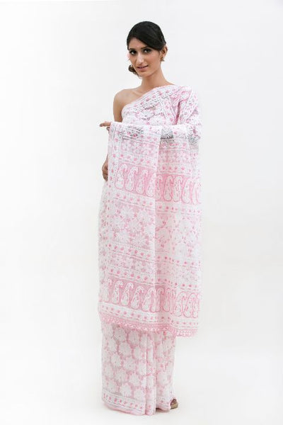 White Pink Semi Georgette Chikankari Saree