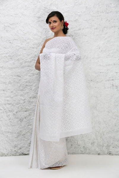 White Tepchi Work Chiknakari Saree