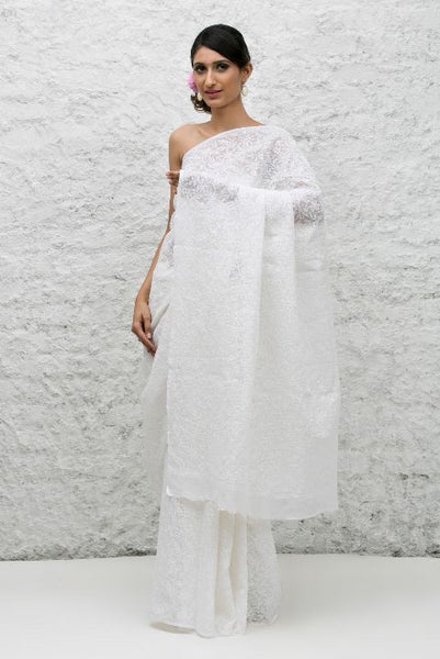 White Kota Cotton Chikankari Saree