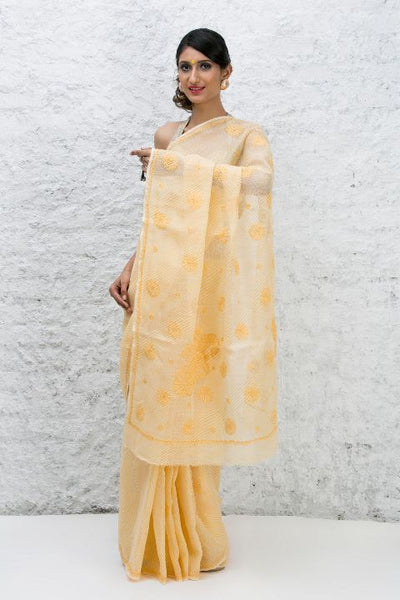 Yellow Leheria Chikankari Saree