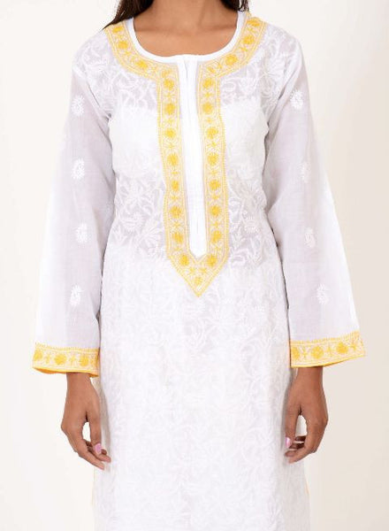 White Chikankari Kurta with Yellow Highlights