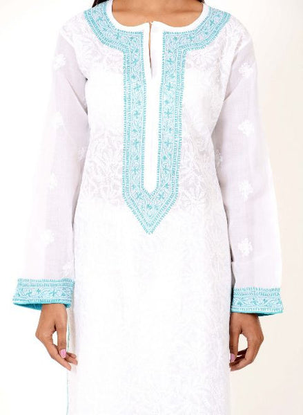 White Chikankari Kurta with Turquoise Highlights